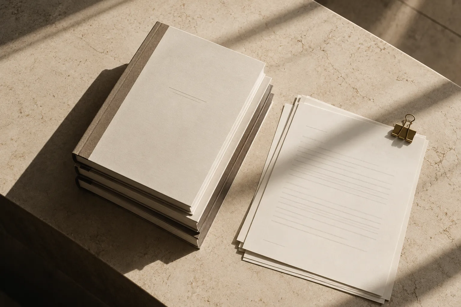 A neat stack of bound reports and loose sheets on a pale limestone surface in daylight.