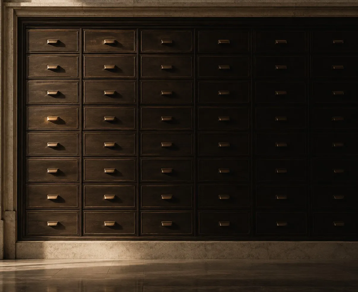 A wall of closed archival drawers in a dim stone room, lit by soft raking light.